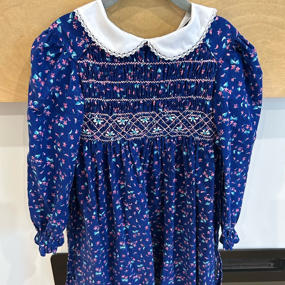 Polly Flinders Vintage Girls Blue Smocked Floral Dress